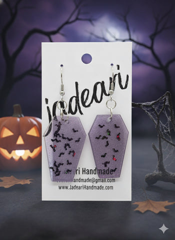 Coffin Bats Dangle Earrings in Lavender Holo Sparkle