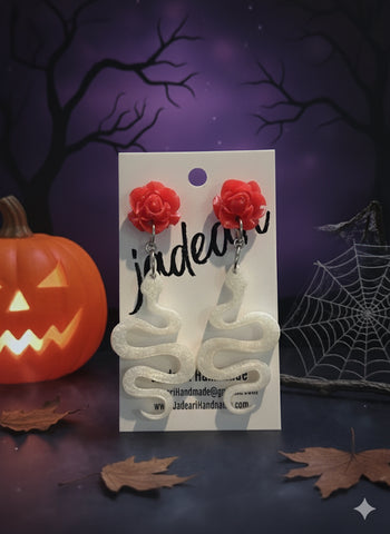 Serpent Rose Dangle Earrings in Pearl White