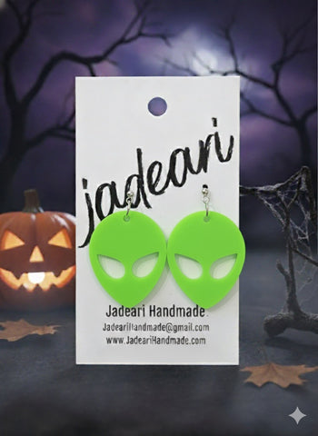 Glow-in-the-Dark Alien Earrings in Rainbow Holo Green