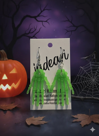 Glow-in-the-Dark Skeleton Hands Earrings in Lime Green