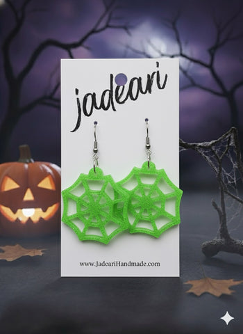 Glow-in-the-Dark Spider Webs Earrings in Lime Green